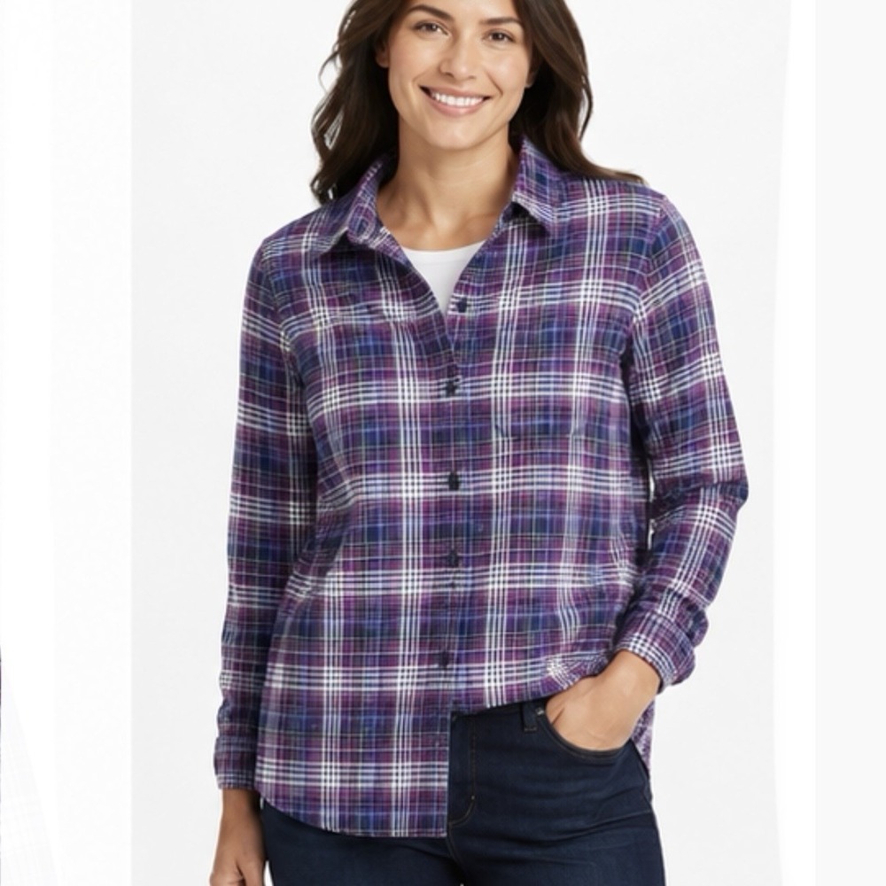 LL Bean Purple Plaid Sherpa Lined Flannel Shirt Jacket Shacket Pocket SMALL PET